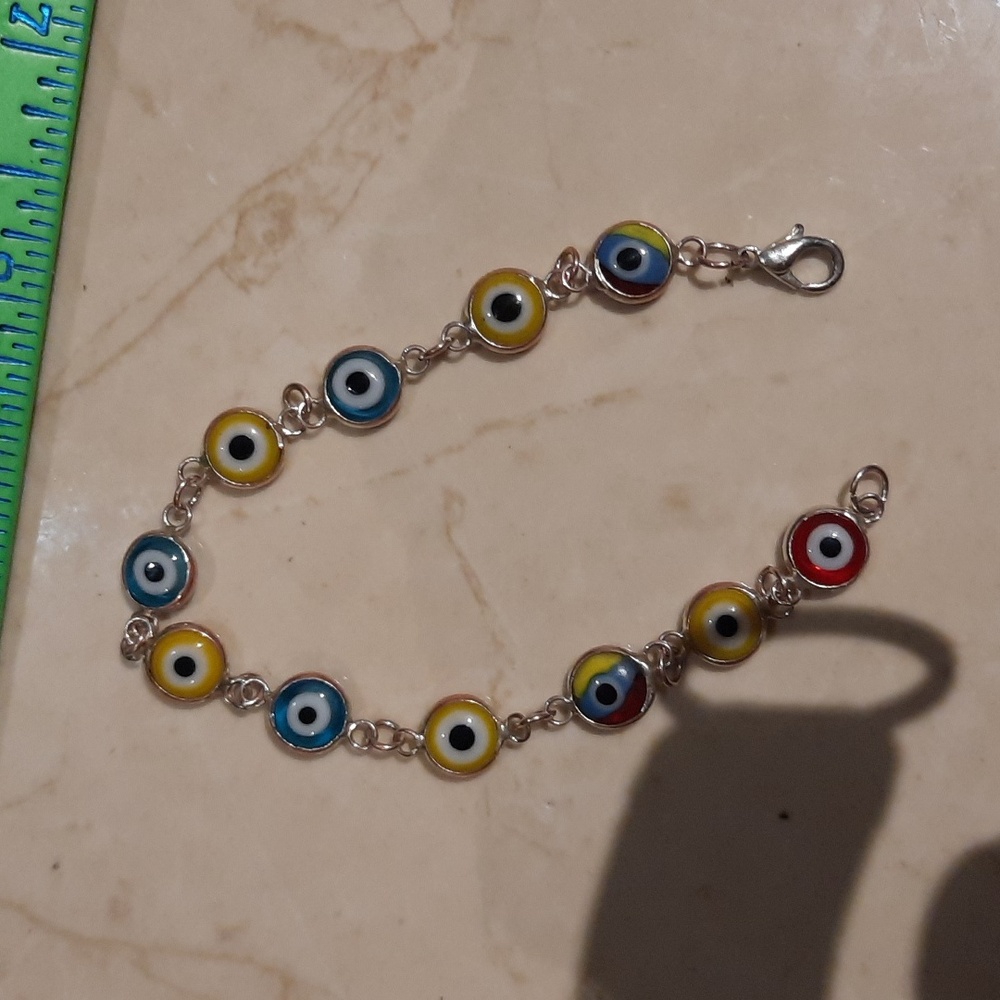 Authentic Evil Eye Genuine Vintage Silver Bracelet 7.5" Multi Colored